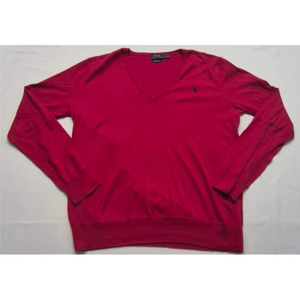 Polo Ralph Lauren men's red tight knit v-neck sweater LG Pima Cotton navy logo